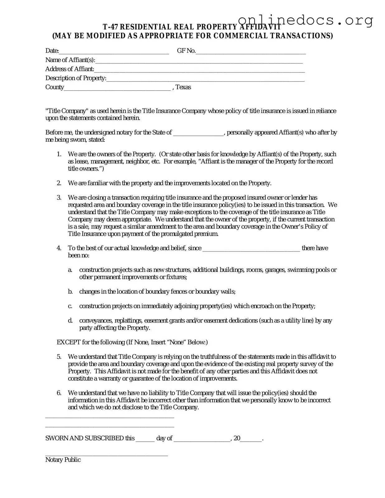 Texas residential property affidavit T-47 PDF Form