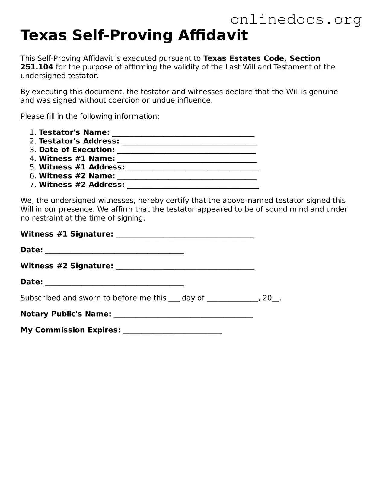 Fillable  Self-Proving Affidavit Form for Texas