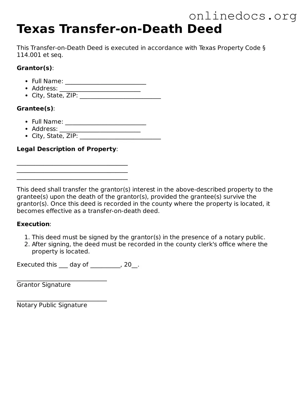 Fillable  Transfer-on-Death Deed Form for Texas