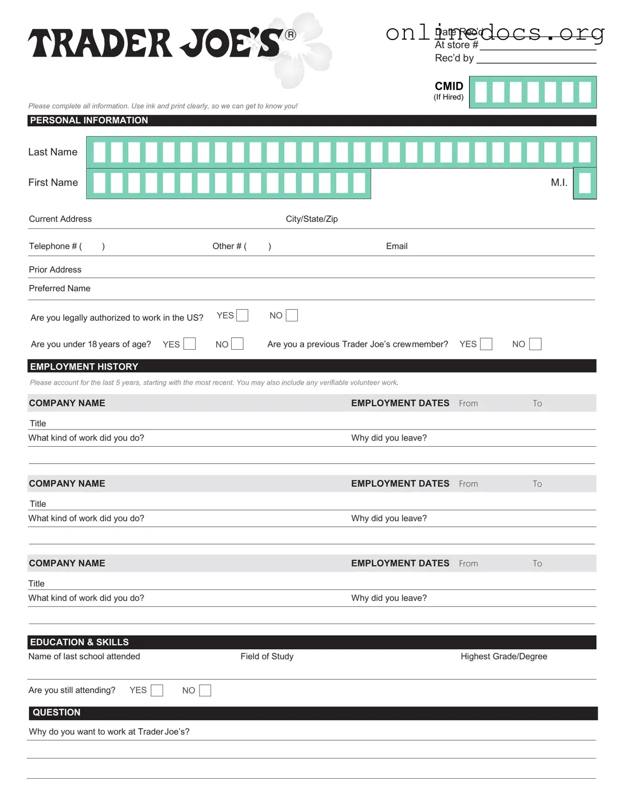 Trader Joe's application PDF Form