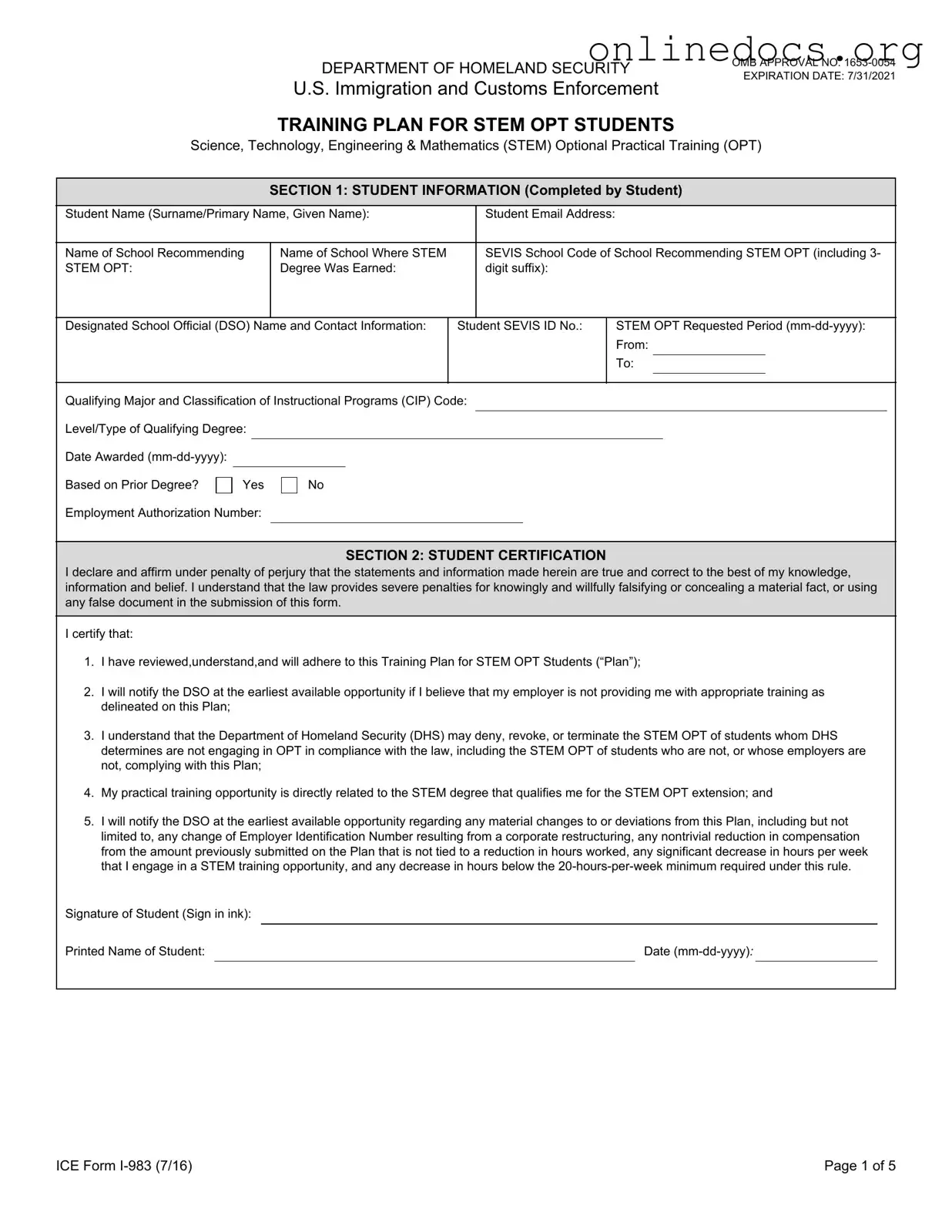 ICE I-983 PDF Form