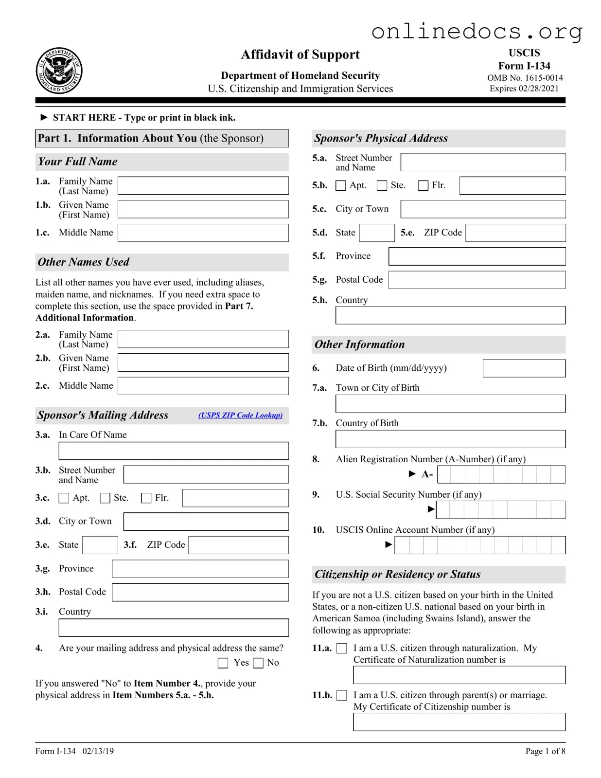 USCIS I-134 PDF Form