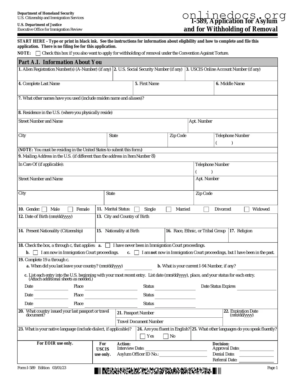USCIS I-589 PDF Form
