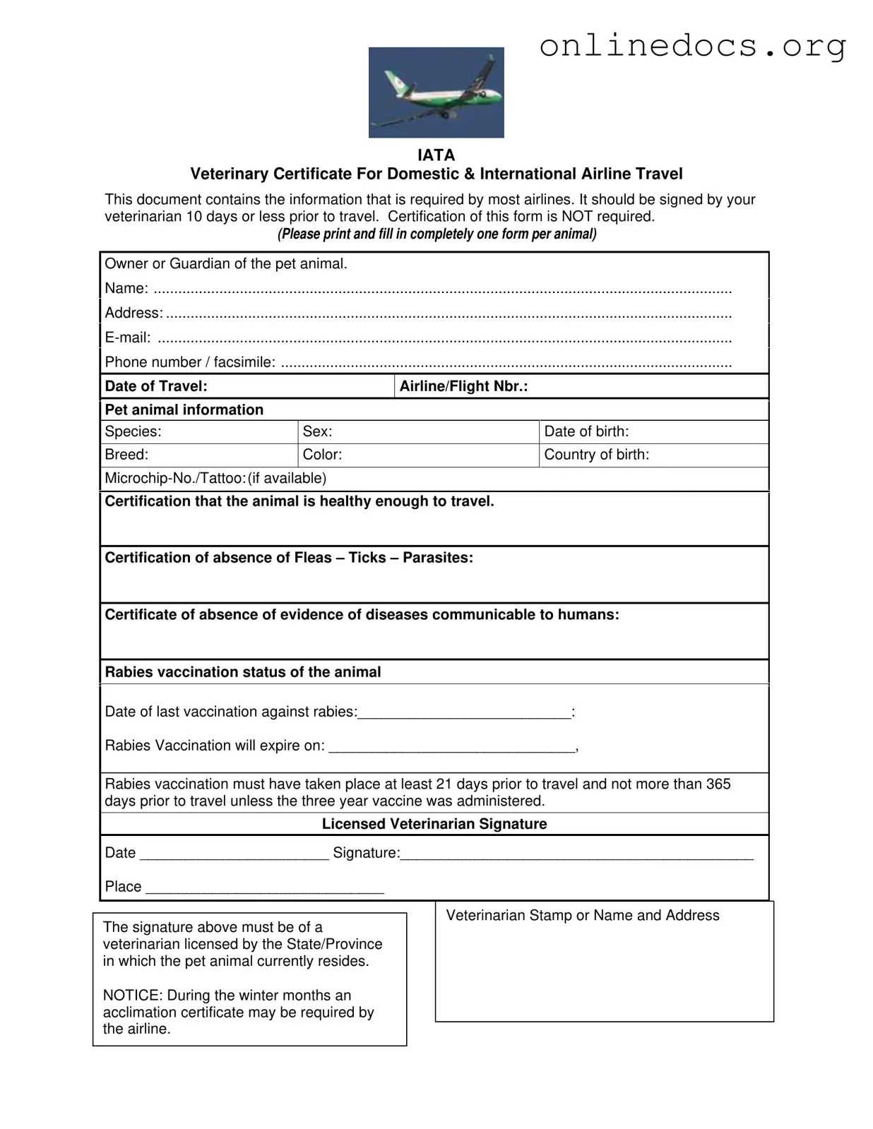 Veterinary Certificate Travel PDF Form