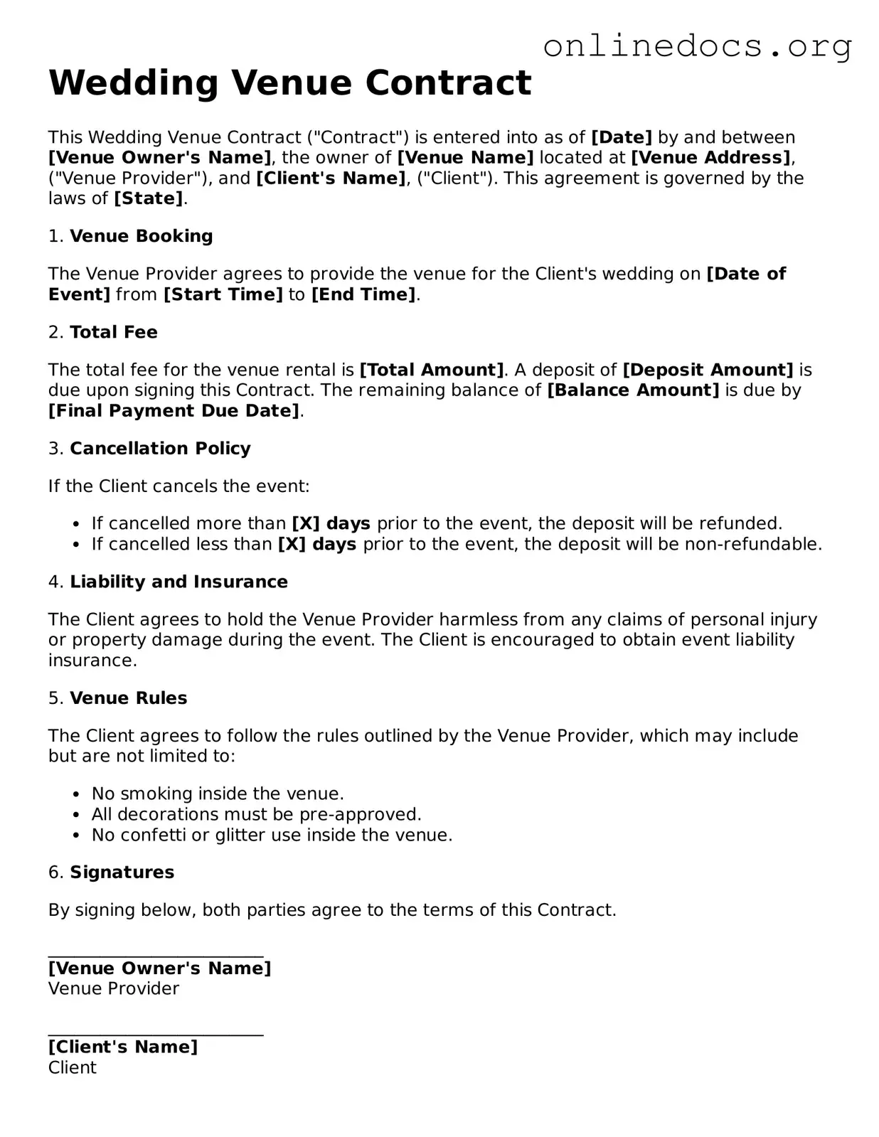Printable Wedding Venue Contract Form