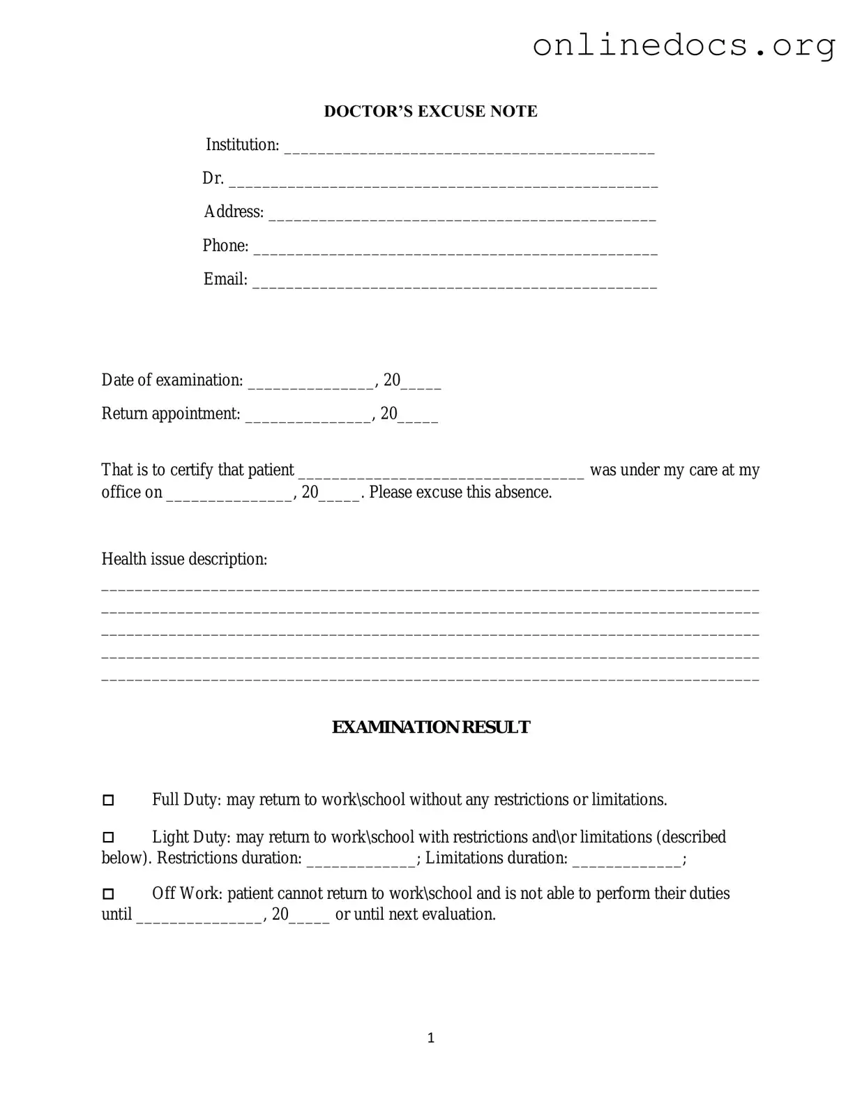 Doctors Excuse Note PDF Form