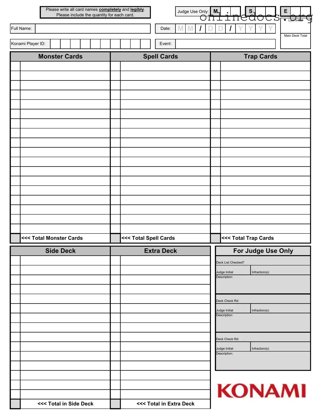 Konami Decklist PDF Form